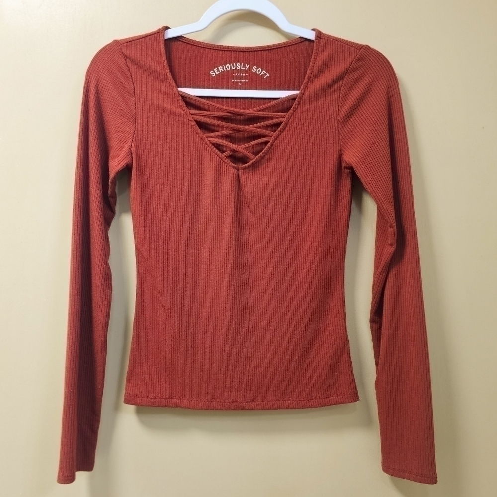 AERO Long Sleeve Seriously Soft Lace-up Ribbed Top size small